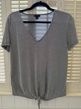 Ann Taylor Factory Navy & White Striped V-Neck Tie-Front Tee